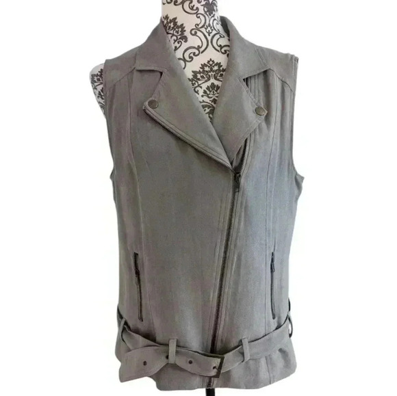 House of Harlow 1960 Stevle Faux Suede Zip Moto Vest Belted Grey Women's Medium - Picture 2 of 11